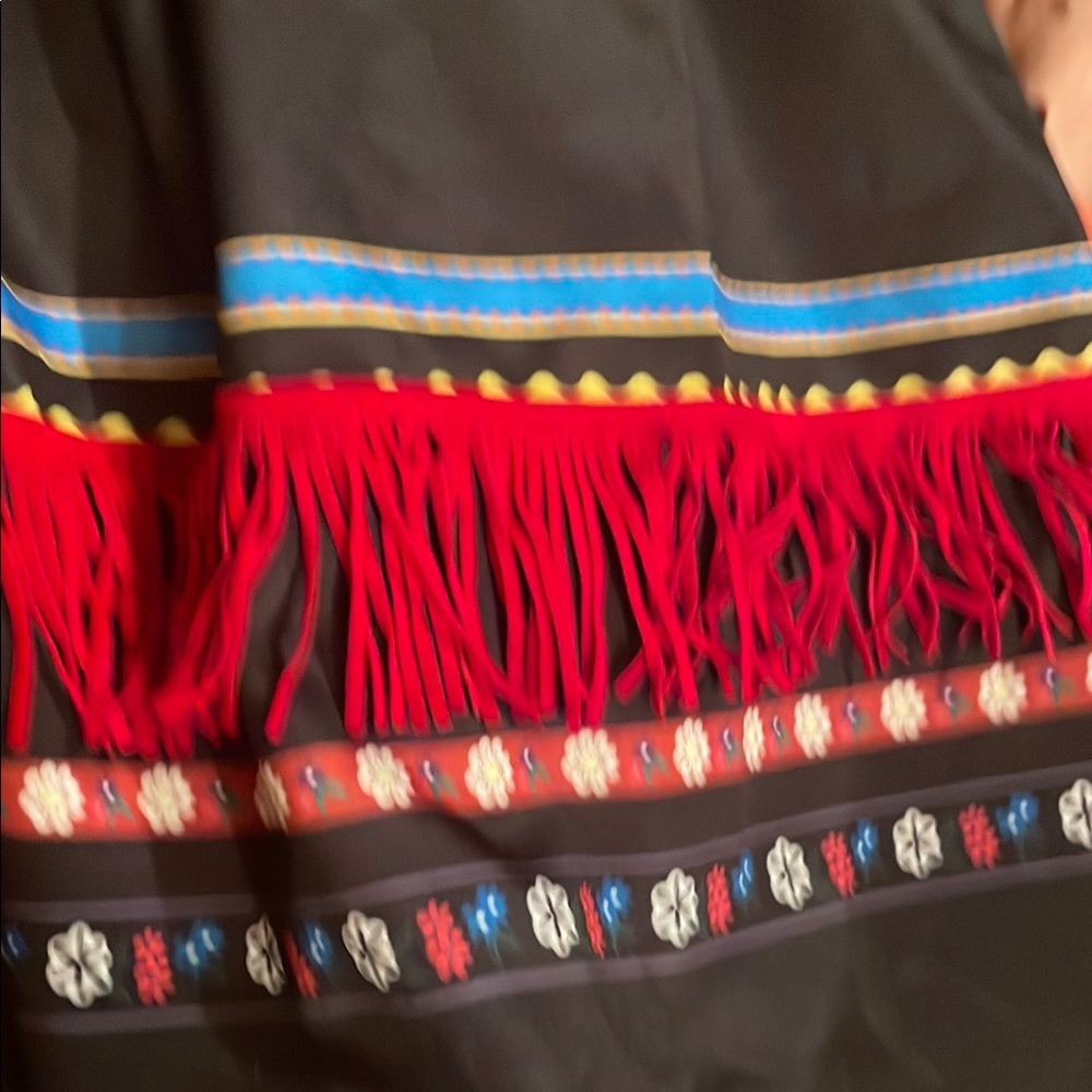 Black Skirt with Red Fringe and Floral Accents